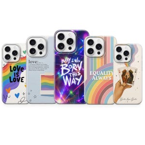 Puede incluir: Una colección de cinco fundas para teléfono con varios diseños. Una funda presenta un arcoíris y las palabras "Love is Love". Otra tiene la definición de amor y un arcoíris. Otras fundas tienen las frases "Baby I Was Born This Way" y "Equality Always."