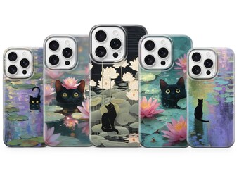 Capa para celular Black Cat Lotus para iPhone 17 Pro Max, 16e, 15 Plus, 14, 13, 12, 11, XR, 8, Samsung S25, S24 FE, A16, A56, S23, A17, Pixel 10 Pro XL