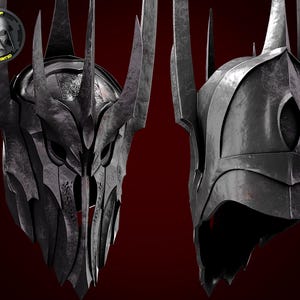 Puede incluir: Un casco de metal negro con una corona de p&uacute;as. El casco tiene una m&aacute;scara facial con agujeros para los ojos y una barbilla puntiaguda.