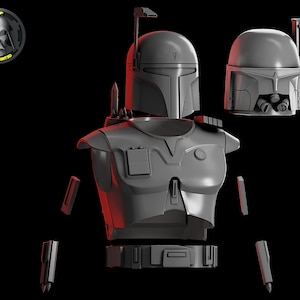 Op de afbeelding: Een gedemonteerde grijze plastic modelkit van een Star Wars Boba Fett-actiefiguur. De kit bevat de romp, de helm en diverse accessoires.
