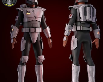 May include: A white and grey armoured figure with a helmet and a blaster rifle. The figure is standing against a red background.