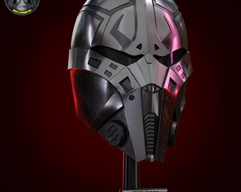 May include: A black and silver Star Wars Sith mask replica on a black stand with the text "STAR WARS MASK-SITH" on a silver plaque.