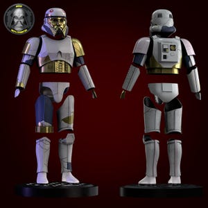 Peut inclure: Une figurine d'action Star Wars blanche et dorée démontée avec des accents bleus. La figurine est en position debout, les bras tendus. La figurine est composée de plusieurs pièces, dont la tête, le torse, les bras, les jambes et les pieds.