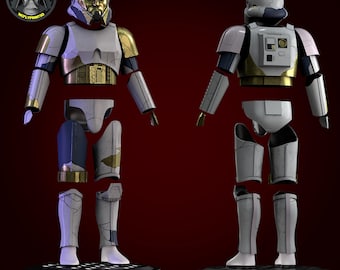 May include: A disassembled white and gold Star Wars action figure with blue accents. The figure is posed in a standing position with its arms outstretched. The figure is made up of multiple pieces, including the head, torso, arms, legs, and feet.