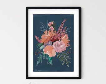Flower Bunch flower painting on blue, wall art, floral art, abstract floral oil painting | Giclee Fine Art Print | A4 and A3 sizes available