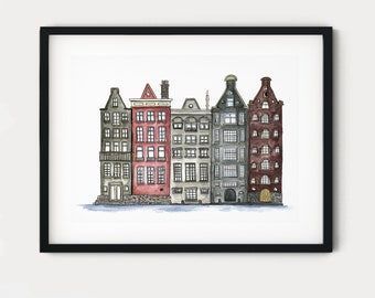 Amsterdam Canal Houses Art Print, Amsterdam city, Amsterdam wall art, Amsterdam watercolour painting, Amsterdam houses  | A4 size available