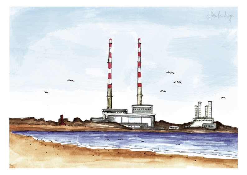 Poolbeg Chimneys Dublin Giclée Fine Art/uncoated Card Print, Dublin Painting, Dublin Print
