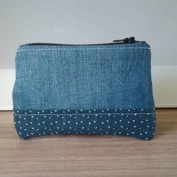 Porte monnaie femme en jeans et tissu imprimé.