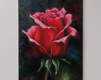 Peinture rose rouge, peinture à l'huile originale sur toile, oeuvre d'art florale Rose rouge sur fond sombre