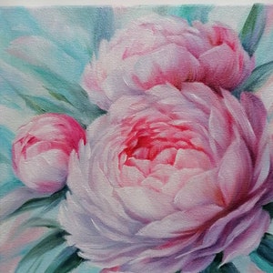 Peony flower Original oil Painting Pink blue Flowers Hand painted Ready to hang Mother's day gift