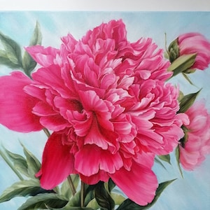 Peony oil painting Original on canvas Realistic Flowers oil painting Bedroom living room wall decor 15.7 x 15.7 in