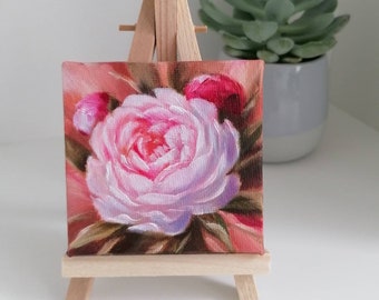 Peony still life original. Small floral oil painting on canvas. Tiny oil painting on easel