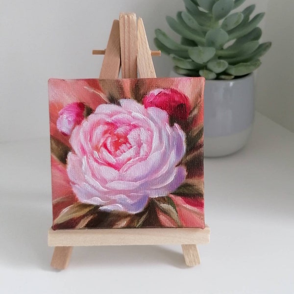 Peony still life original. Small floral oil painting on canvas. Tiny oil painting on easel