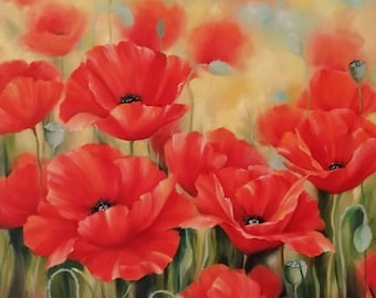 Peinture coquelicot rouge Peinture prairie d'été Huile sur toile Peinture originale Peinture florale