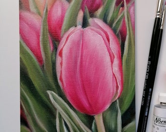 Dipinto a olio floreale originale su tela Tulipano rosa piccolo regalo artistico da parete per la festa della mamma