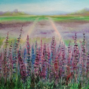 Purple Meadow painting Lavender oil painting Original on canvas Landscape original Fine floral art