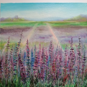 Lavender Painting oil on canvas Original Purple lavender Fields Landscape Small painting Gift for her Mather&#39;s day gift
