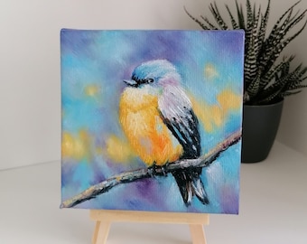 Original Oil painting on canvas Yellow Flycatcher bird Small artwork Home decor Mother's day cute gift