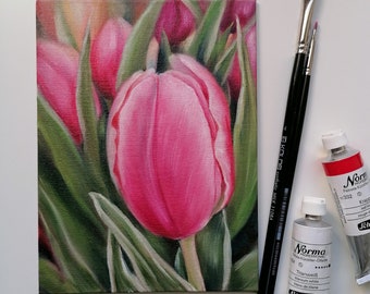 Original Blumen Ölgemälde auf Leinwand Rosa Tulpe kleines Wandkunst Geschenk vor ihrem Muttertagsgeschenk