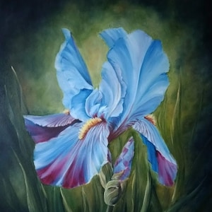 Blue Iris Oil painting on canvas Realistic flower Original art Handmade item Fine art Gift for her