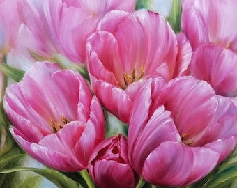 Original Floral Oil Painting Pink Tulip on Canvas Gift for her Wall art home decor