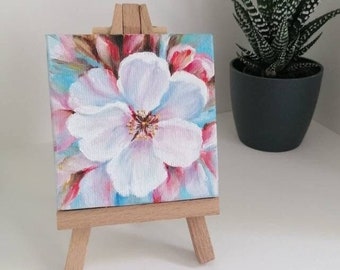 Tiny paintings with easel Cherry blossom Mini oil painting on canvas 7×7 cm
