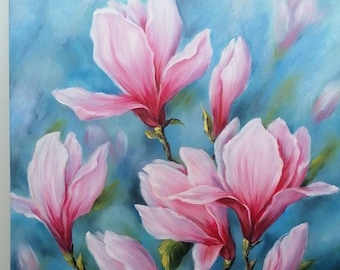 Magnolie Ölbild auf Leinwand Original Blumenbild Wandbild Kunst