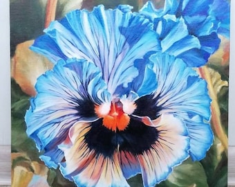 Blue Pansy Original oil Painting Realistic flower Floral art Gift Hand painted bright Home decor