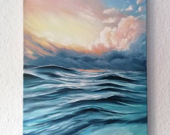 Paysage marin Peinture à l'huile sur toile Mer bleue Vagues de l'océan Coucher de soleil ciel Nuages roses Horizontal Peint à la main