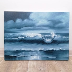 Night Seascape oil Painting Evening beach Navy blue Sea Coastal Ocean Wave landscape Oil painting on Canvas