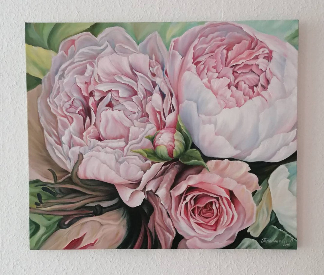 Peony Oil Painting on Canvas Original Floral Art Blush Pink Flowers ...