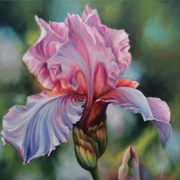 Purple Iris painting original oil on canvas Floral wall art handmade 20x20cm Mother's day gift for her