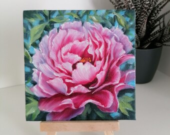 Peony still life original. Small floral oil painting on canvas. Original floral art.