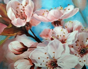 Cherry blossom branch Original oil painting Realistic oil painting on canvas spring Flowers gift for her wall art home decor