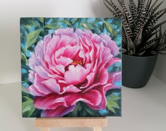 Peinture à l'huile originale de pivoine rose sur toile avec chevalet, peinture 10 x 10 cm, article fait main