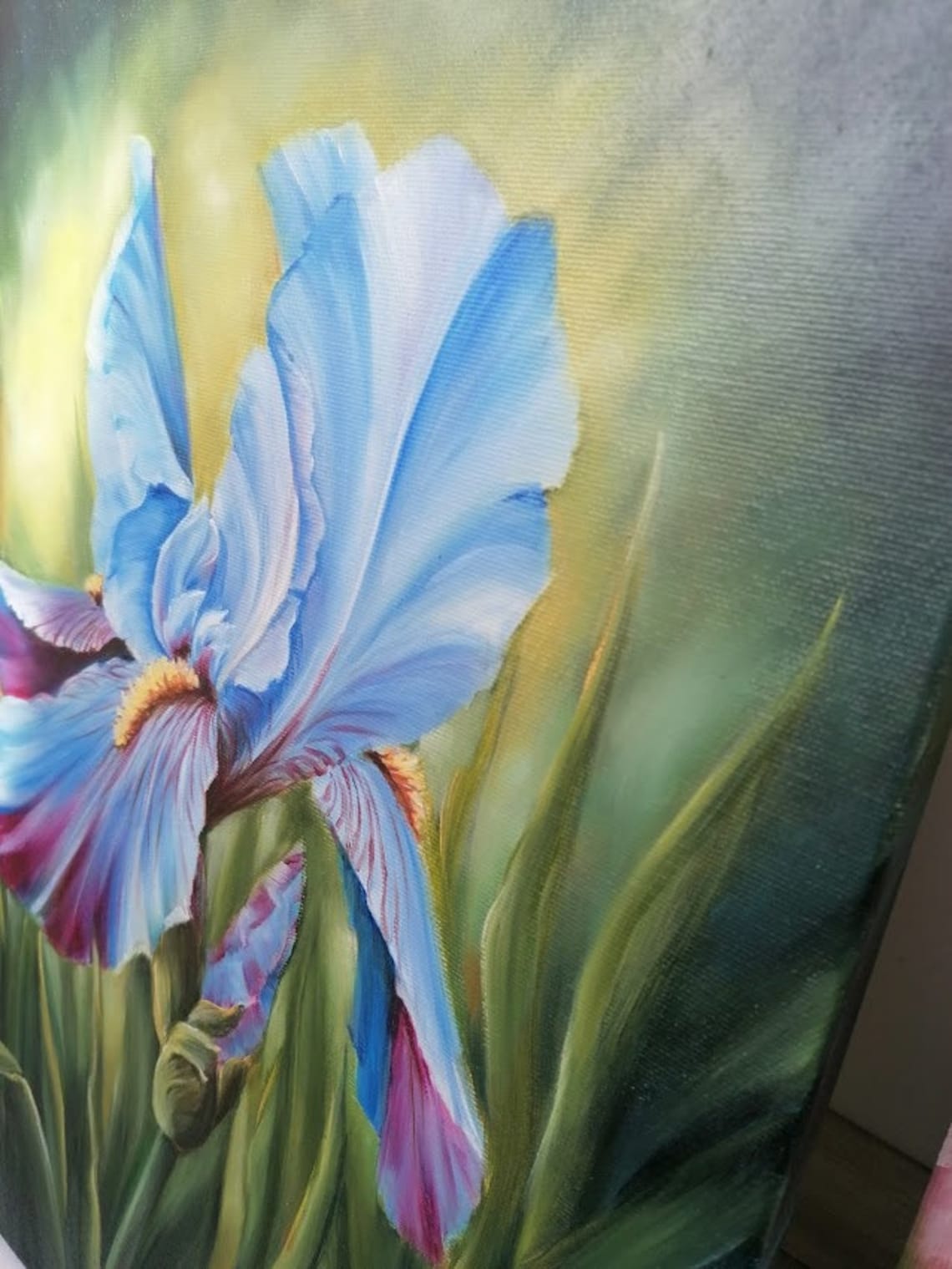 Blue Iris Oil Painting on Canvas Realistic Flower Original Art Handmade ...