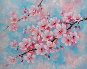 Cherry Blossom Flower Painting Original Oil on Canvas Spring Flowers Pink on Blue Cyan Floral Wall Art Gift for Her Etsy Canada