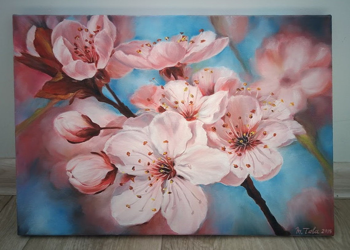 Cherry Blossom Branch Original Oil Painting Realistic Oil Painting on Canvas Spring Flowers Gift