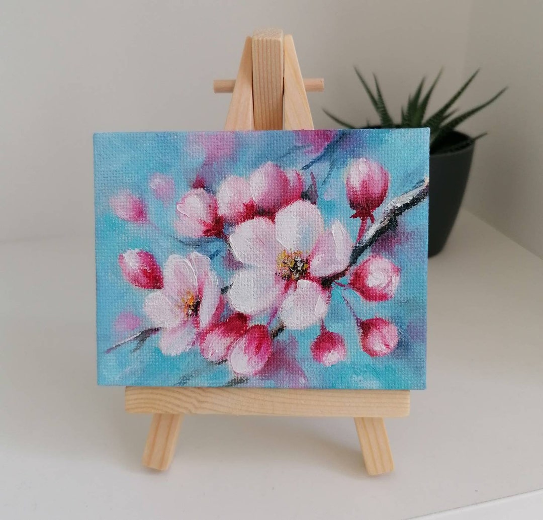 Mini Painting With Easel Cherry Blossom Painting Small Original Floral ...