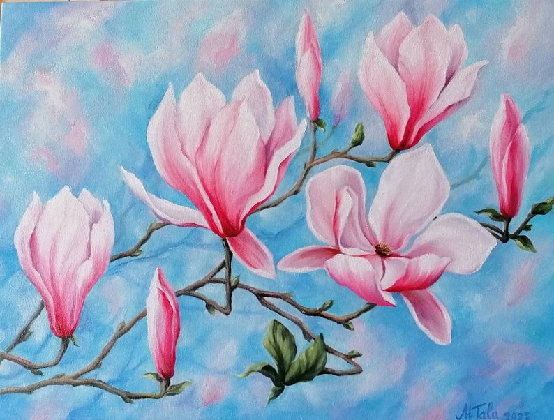 Magnolia Painting Oil on Canvas Original Flower Painting Blossom Branch ...