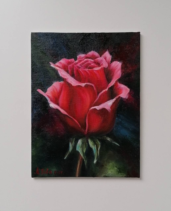 Red Rose on Dark Oil Painting Original Small Painting Fine Art - Etsy