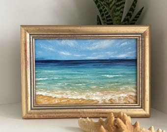 Ocean waves beach small oil painting Miniature Seascape original Wall art Home decor Framed