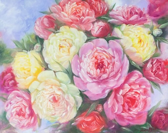 Flower Painting Pink Peony painting Bouquet of peony Floral wall art Hand painted Oil on canvas