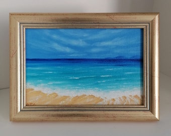 Ocean beach small oil painting Small framed Seascape wave Original wall art Home decor Gift for him