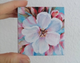 Cherry blossom Mini oil painting Tiny paintings with easel  on canvas 7×7 cm