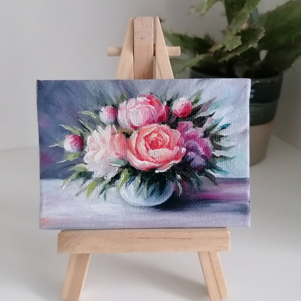 Peony still life original. Small floral oil painting on canvas. Tiny oil painting on easel.