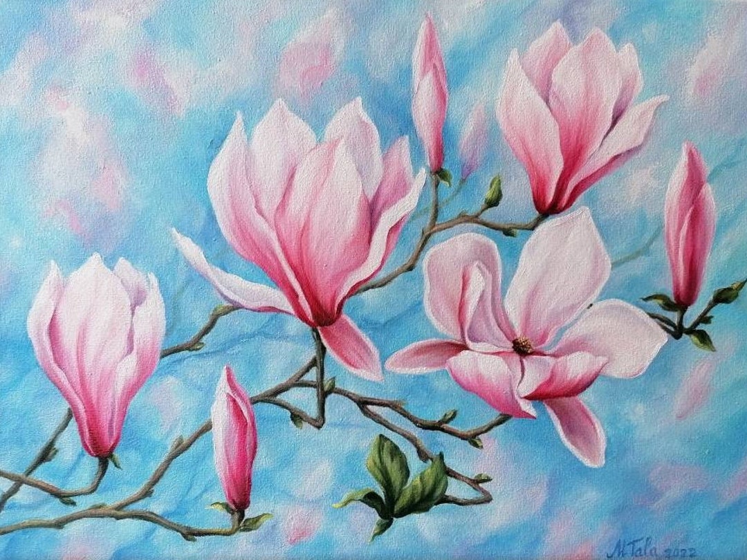 Magnolia Painting Oil on Canvas Original Flower Painting Blossom Branch ...