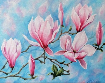 Magnolia, peinture à l'huile sur toile, peinture originale de fleurs, branche de fleurs, art mural floral
