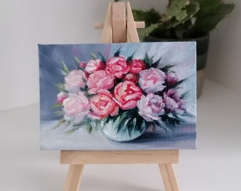 Peony still life original. Small floral oil painting on canvas. Tiny oil painting on easel