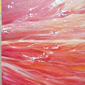May include: Abstract painting with a red, orange, and white color scheme. The painting features a series of horizontal lines and swirls, creating a dynamic and textured effect.